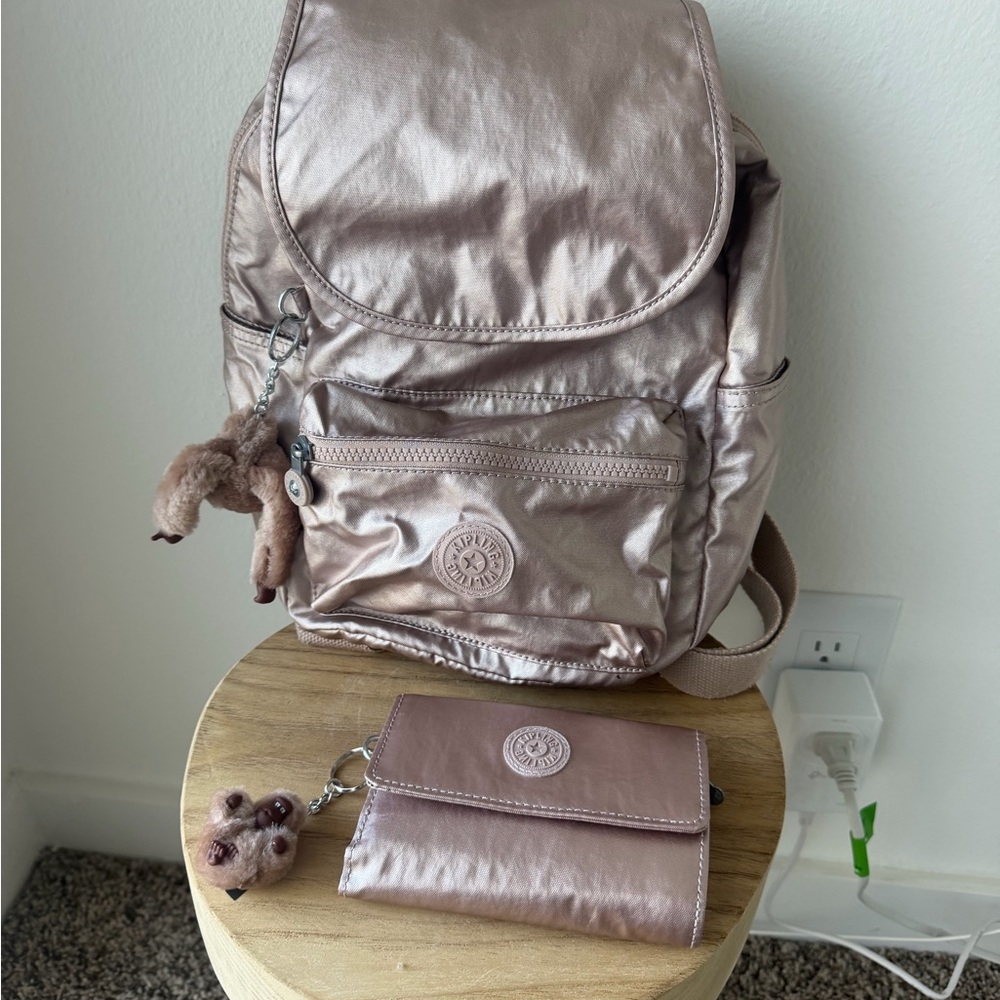 Kipling Metallic Pink Backpack and Wallet Set